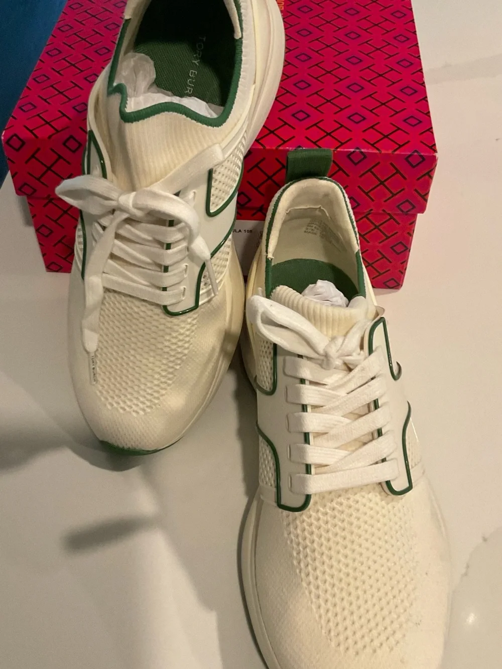 Tory Burch T Sock Runner Sneakers in Ivory with Green Trim